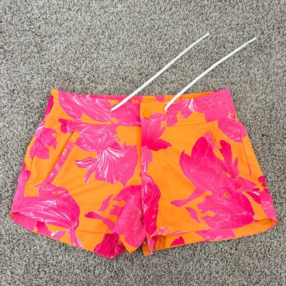 Athleta Hudson Floral Board Shorts Women's 4 Zip Pockets Pink Orange Swim Beach
